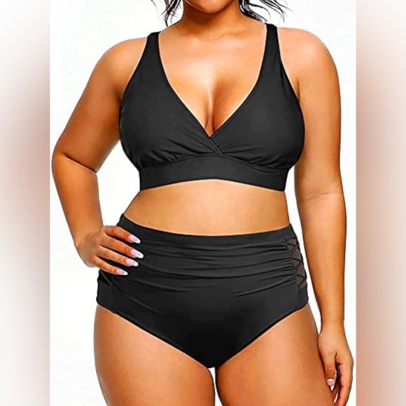 Yonique Womens Plus Size Bikini High Waisted Two Piece Tummy Control Swimwear - Picture 5 of 9